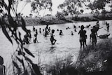 An archival photo showing children swimming in a creek in central Australia.