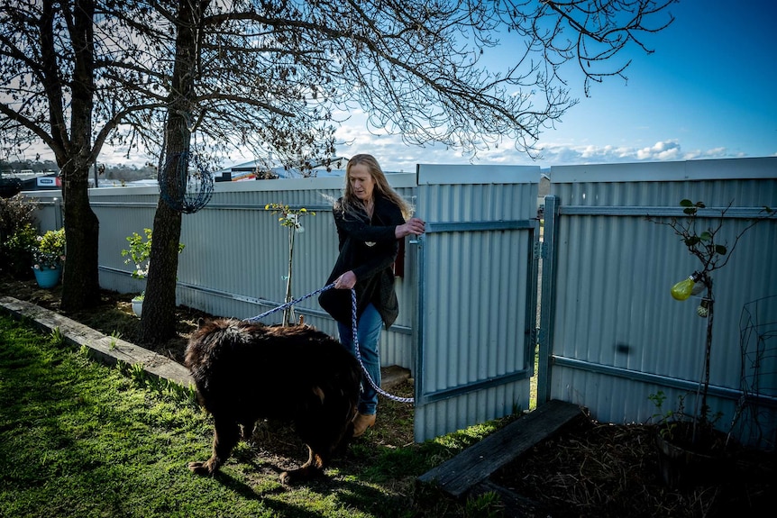 Donna Dickson at her front gate with her guard dog on a lead.