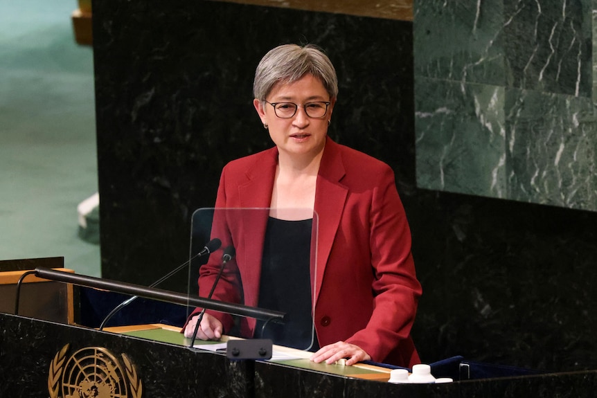 Penny Wong in a red blazer speaks at a lectern at the United Nations