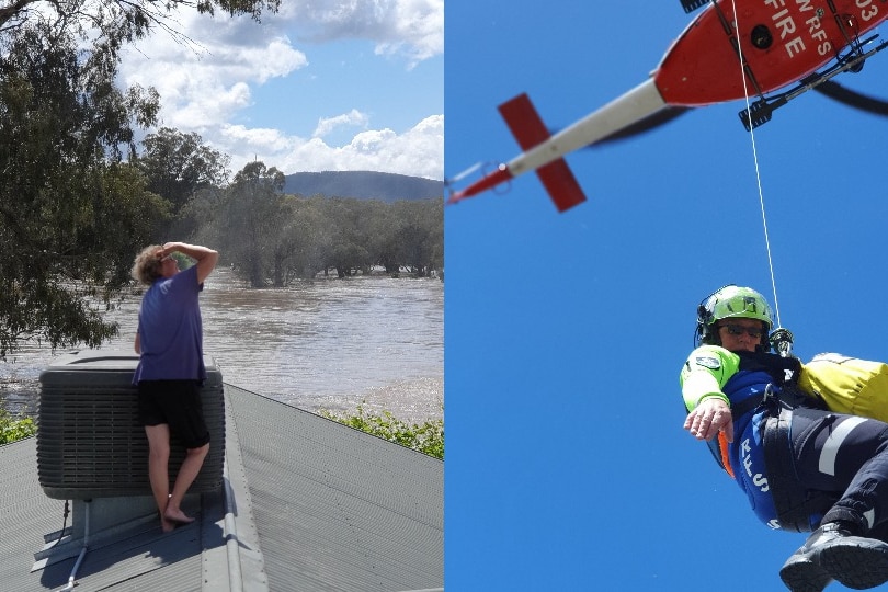 Composite image of a woman standing on a roof and a rescuer coming down via helicopter.