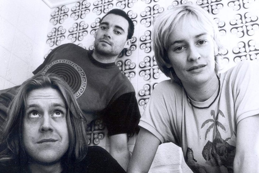 Black and white photo of Kram, Whitt and Janet from Spiderbait