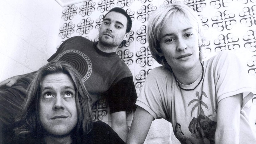 Black and white photo of Kram, Whitt and Janet from Spiderbait
