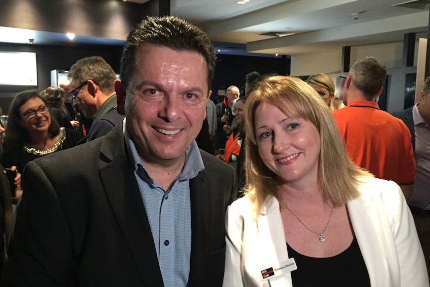 Nick Xenophon and Rebekha Sharkie smile on election night