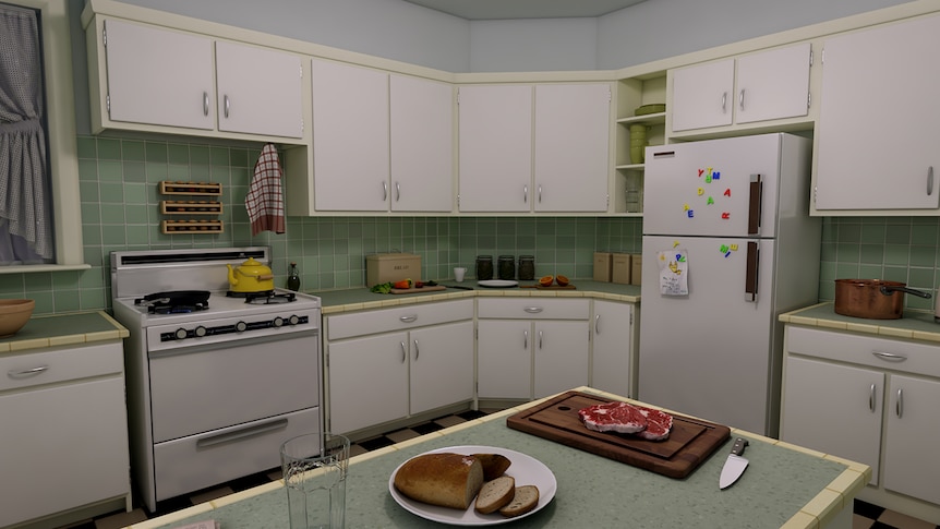 1970s-style kitchen in mint tones, empty. Raw steak on cutting board on table in foreground, and white plate with sliced loaf.