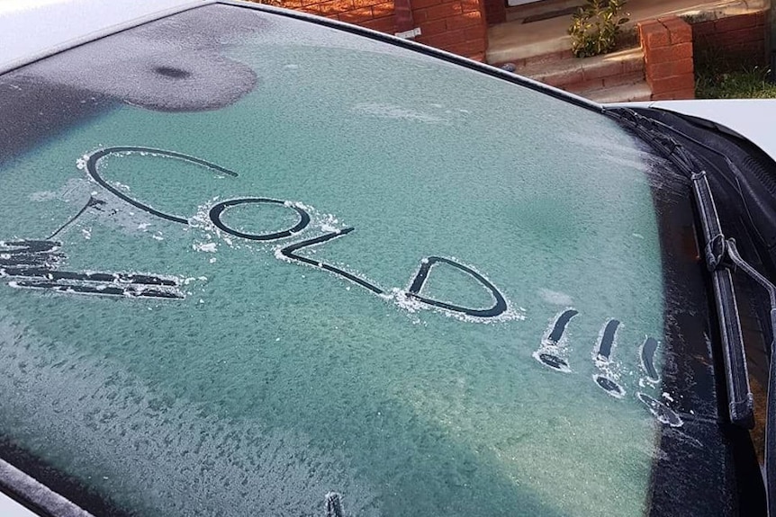 Cold!! is written on a frosty car windscreen.