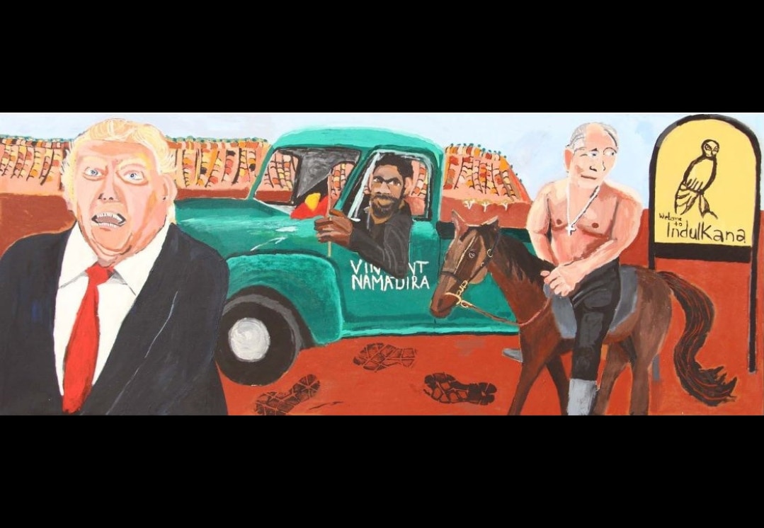 Painting of Vincent Namatjira in a ute on Country with Trump and Putin on a horse next to him