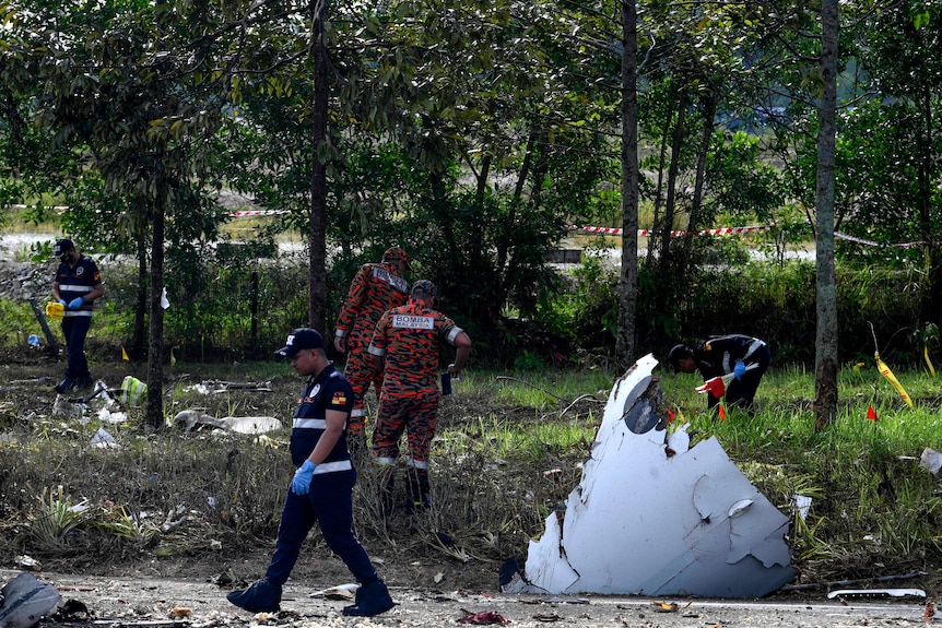Members of the fire and rescue department inspect the crash site of a plane in Malaysia.