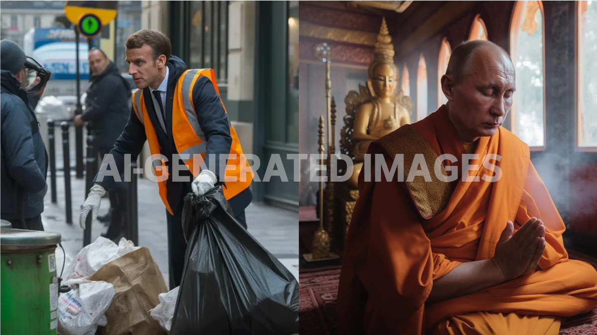 Composite image on the left a man is picking up trash wearing an orange vest, right a man wears an orange robe and meditates