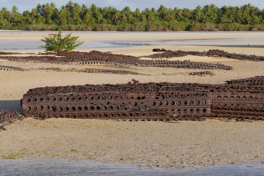 Old steel runway reinforcement debris at the end of the West Island runway on the Cocos Islands.  