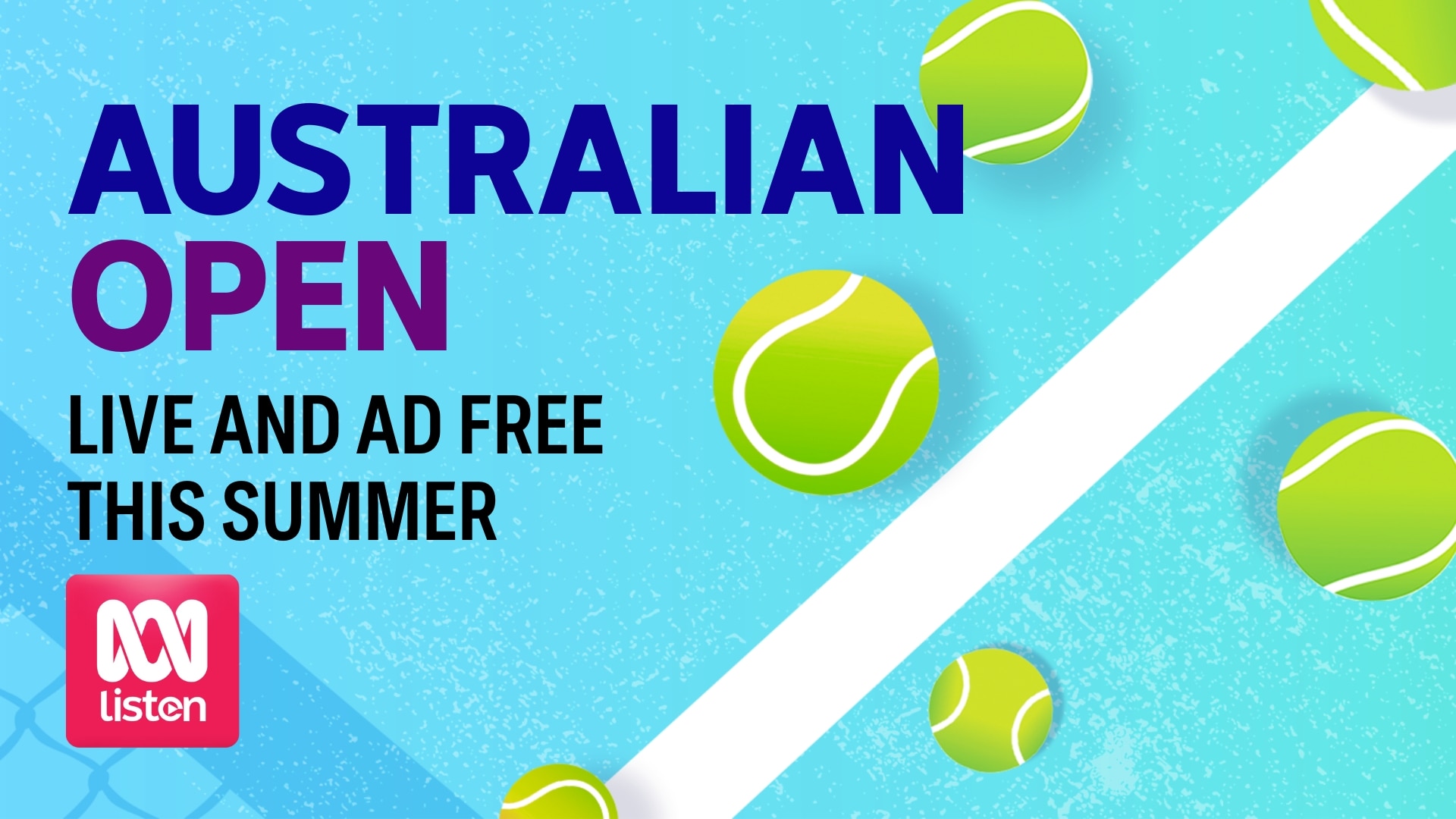 Green balls on blue tennis court with text and ABC listen app logo