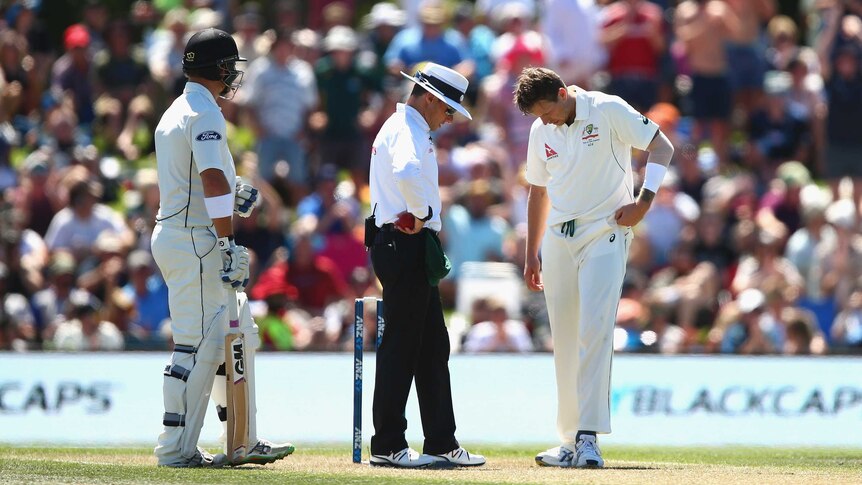James Pattinson consults the umpire after another no ball