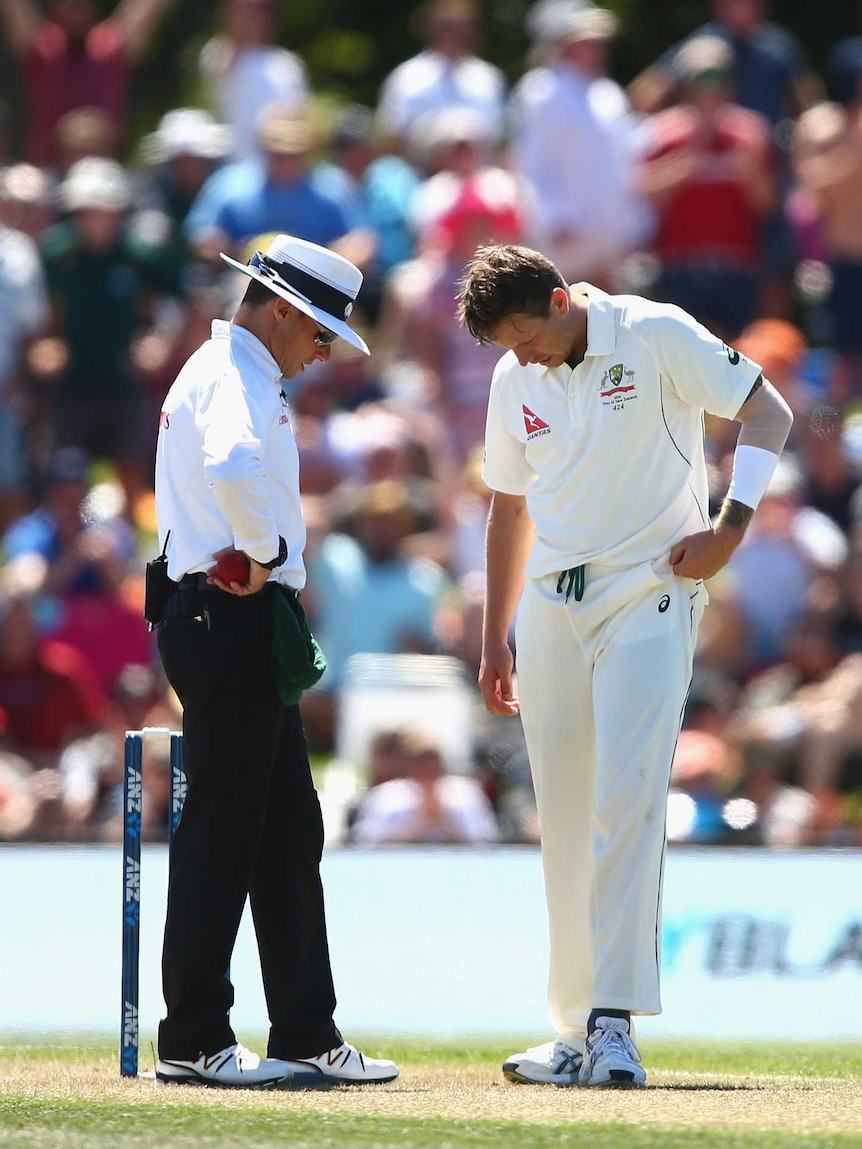 James Pattinson consults the umpire after another no ball