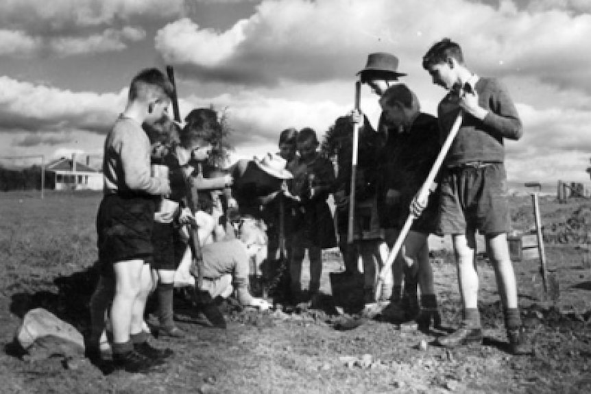 A black and white photo of nine children with shovels standing in a paddock.
