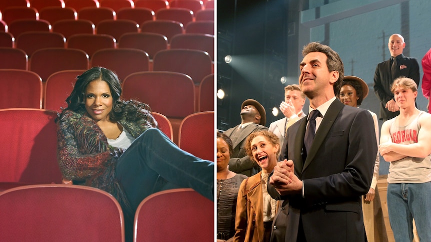 Composite of (left) Audra McDonald sitting in an auditorium and (right) Jason Robert Brown standing downstage with cast members.