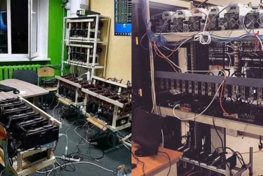 Two screenshots show a Bitcoin mining operation, with computers and wires.