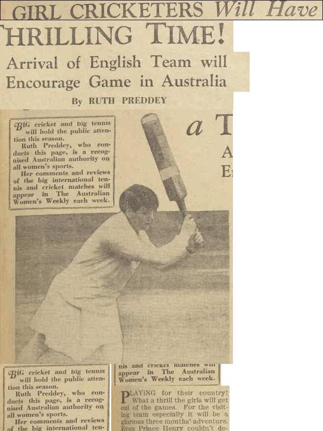 A Women's Weekly article from 1934 titled 'Girl cricketers will have a thrilling time'.