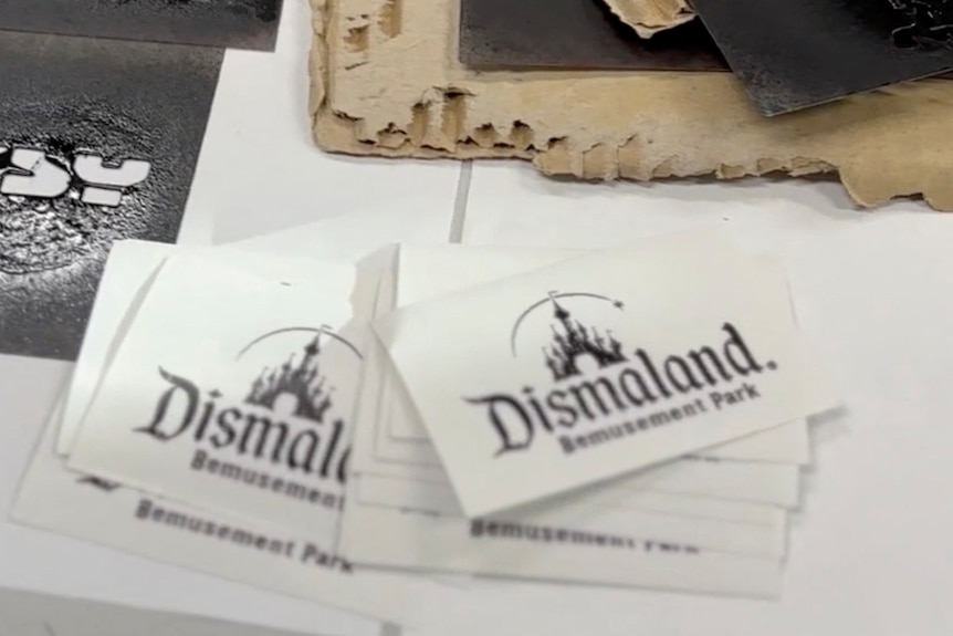 piles of artworks displayed on the table, some witht he word dismaland on them. 