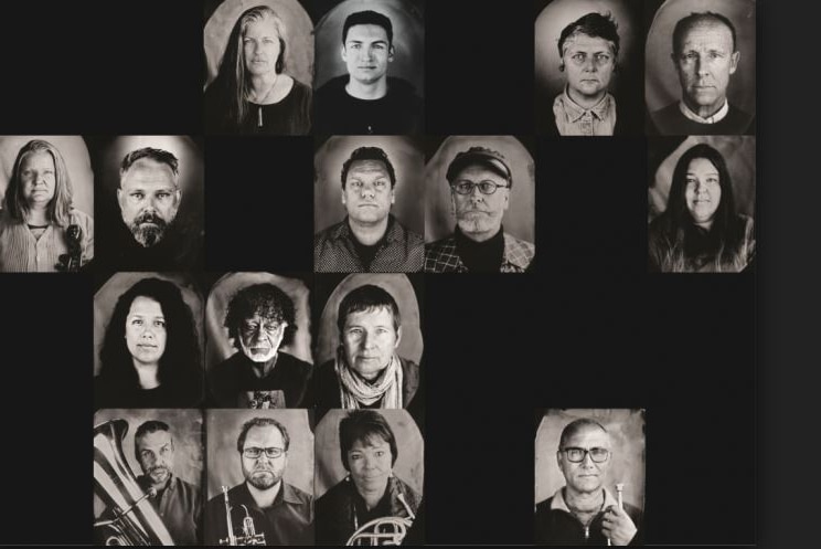 Faces of the cast of A Tasmanian Requiem, portrait photographs in an old fashioned style arrayed on a black background.