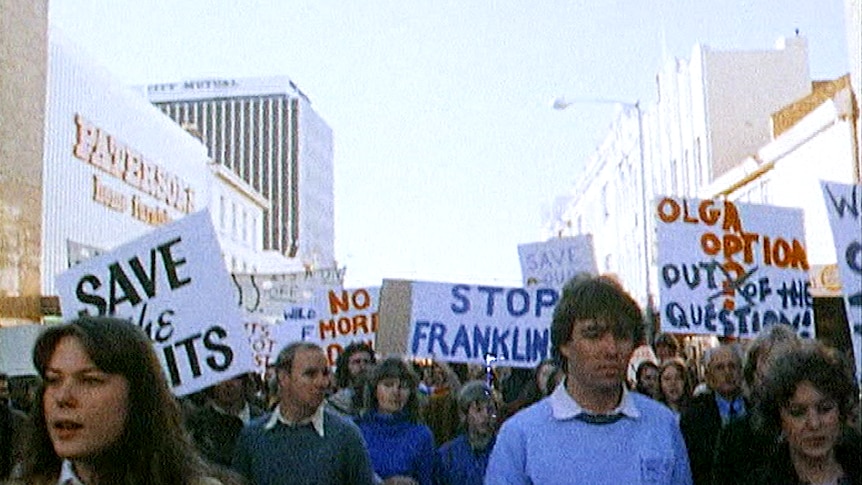 A street photograph of protesters carrying signs demanding an end to the Franklin dam plans.