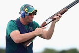 Adam Vella en route to trap-shooting gold in Glasgow