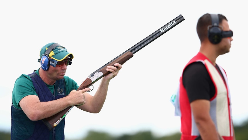 Adam Vella en route to trap-shooting gold in Glasgow