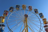 A ferris wheel set against a sunny sky