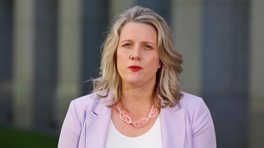 Clare O'Neil wearing a light purple blazer and pink necklace