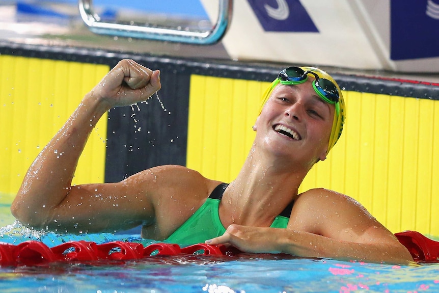 Australia's Leiston Pickett celebrates winning the gold medal in the 50m breaststroke in Glasgow.