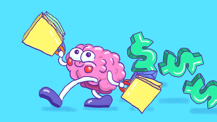Illustration of a brain with googly eyes holding lots of shopping bags, with dollar signs trailing behind