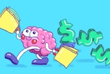 Illustration of a brain with googly eyes holding lots of shopping bags, with dollar signs trailing behind.