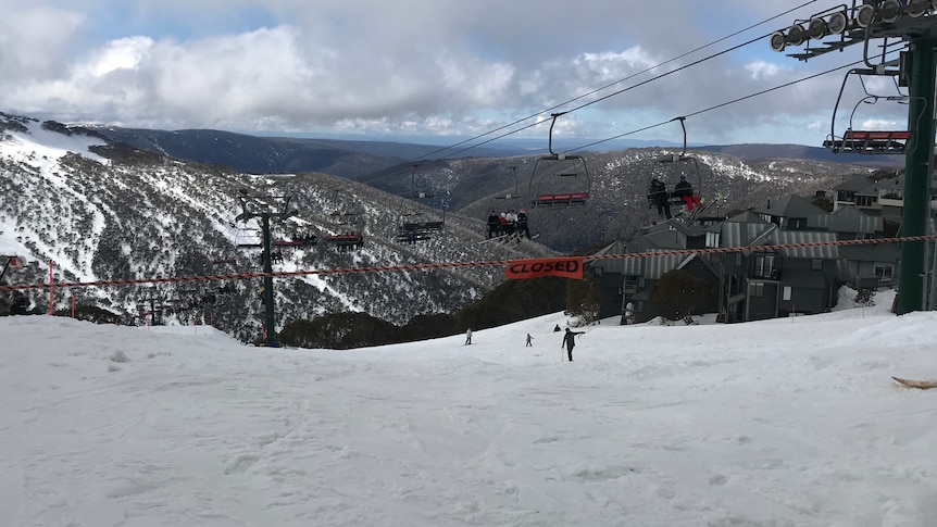 Empty, snowy hills at Mount Hotham with a cloudy sky overhead