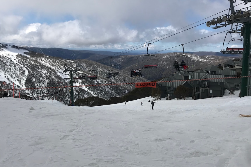 Empty, snowy hills at Mount Hotham with a cloudy sky overhead