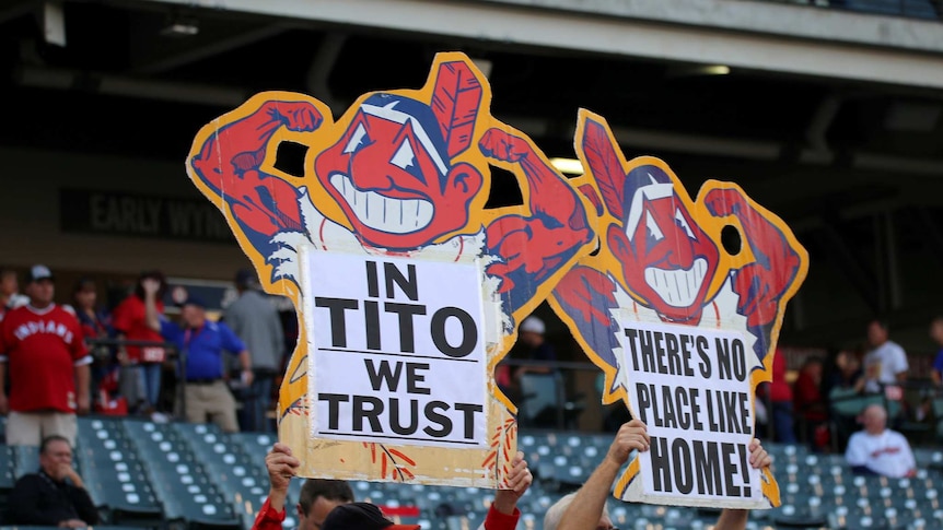 Cleveland Indian fans in 2016 with Chief Wahoo signs in support of coach Terry "Tito" Francona.