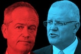 Mr Shorten is in red and Mr Morrison is in blue, set on a black background.