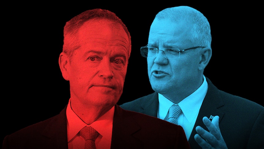 Mr Shorten is in red and Mr Morrison is in blue, set on a black background.