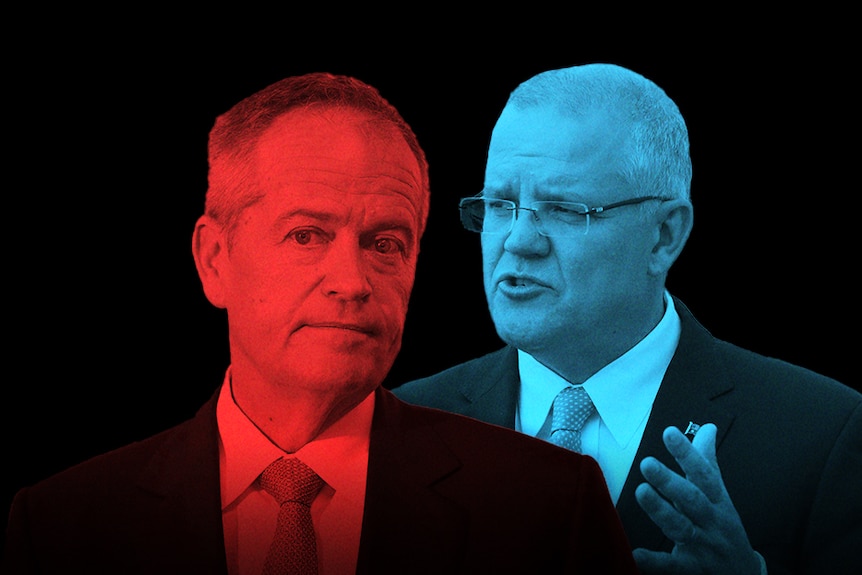 Mr Shorten is in red and Mr Morrison is in blue, set on a black background.