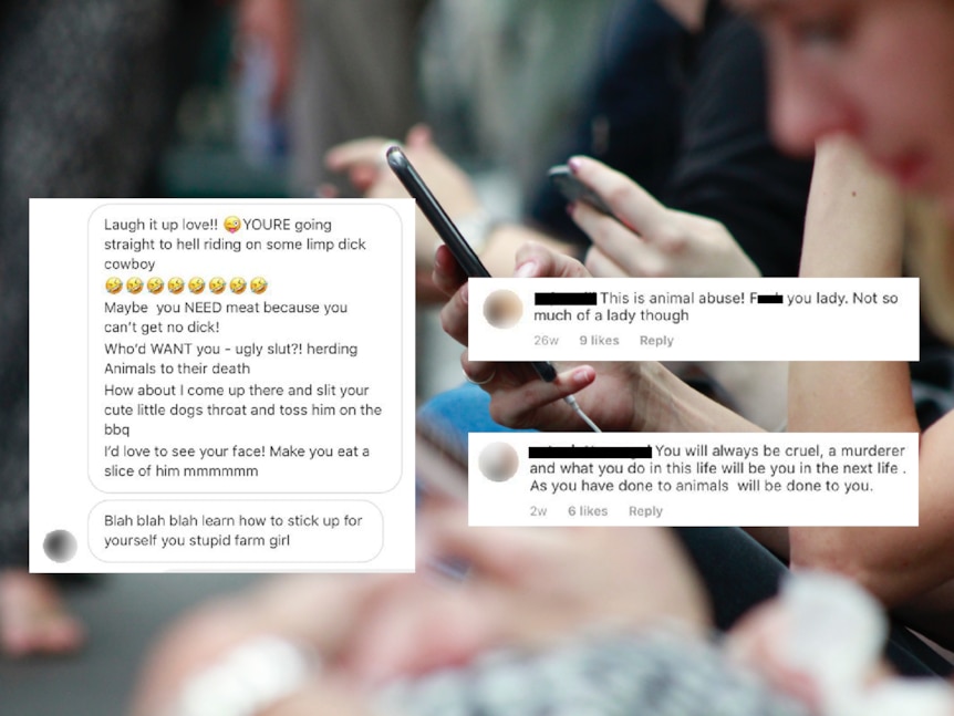 Screenshots of abusive social media posts layered over an image of someone holding a phone.