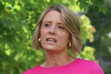 Kristina Keneally talks at a press conference in a garden