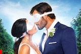 A blindfolded man and woman in wedding attire are almost kissing on this ad for Nine's Married At First Sight.