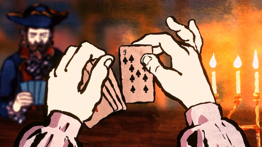 Screenshot from Card Shark: a candlelit pair of hands with playing cards across from an opponent.