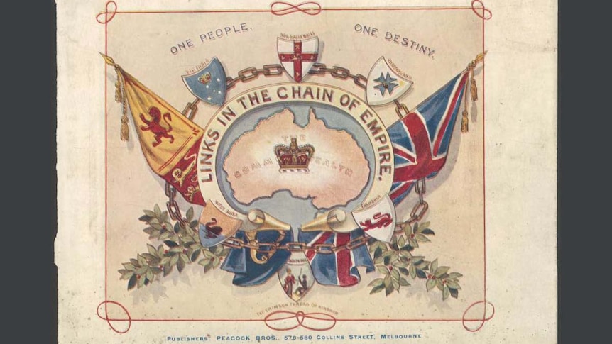 Illustration of Australia' states emblems and Union Jack around a map of Australia with words 'Links in the chain of Empire'.