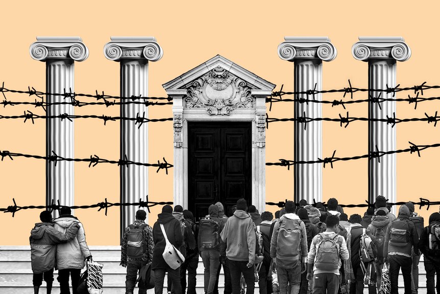 An illustration of a crowd of people walking towards a court entrance wrapped in security fencing