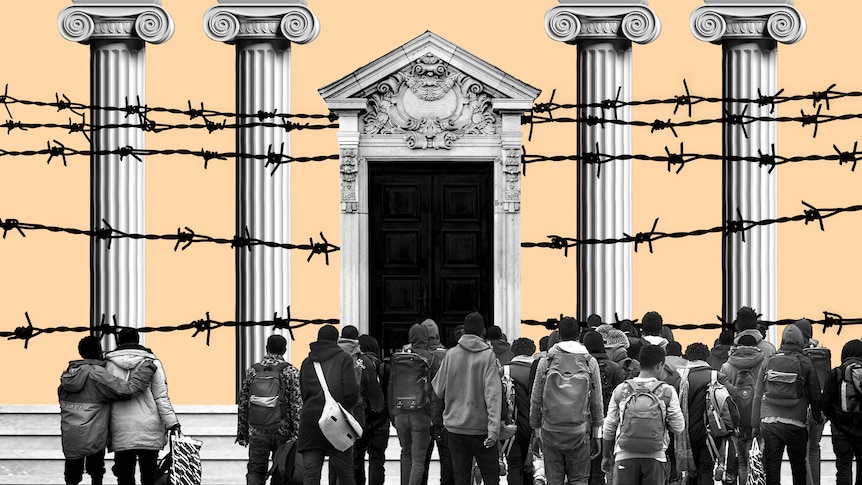 An illustration of a crowd of people walking towards a court entrance wrapped in security fencing