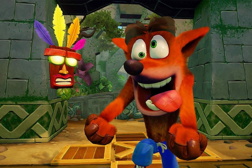 An anthropomorphic video gam bandicoot sticks his tongue out and crosses his eyes in a screwball fashion.