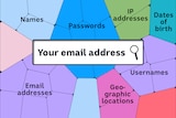 An illustration shows a mosaic of personal data, with a search field for email addresses.