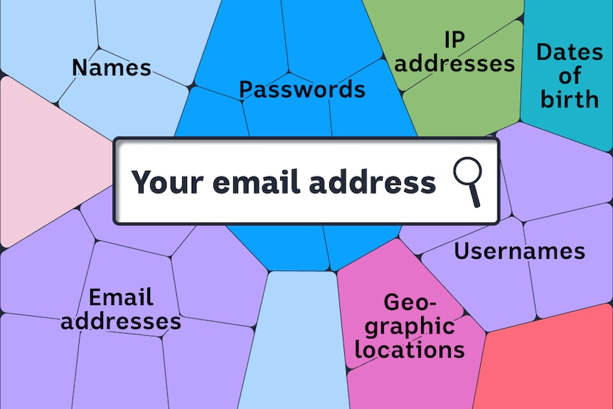An illustration shows a mosaic of personal data, with a search field for email addresses.