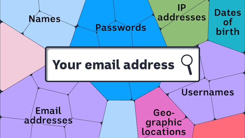 An illustration shows a mosaic of personal data, with a search field for email addresses.