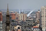 Smoke from rockets fired from Gaza City is seen after being launched toward Israel