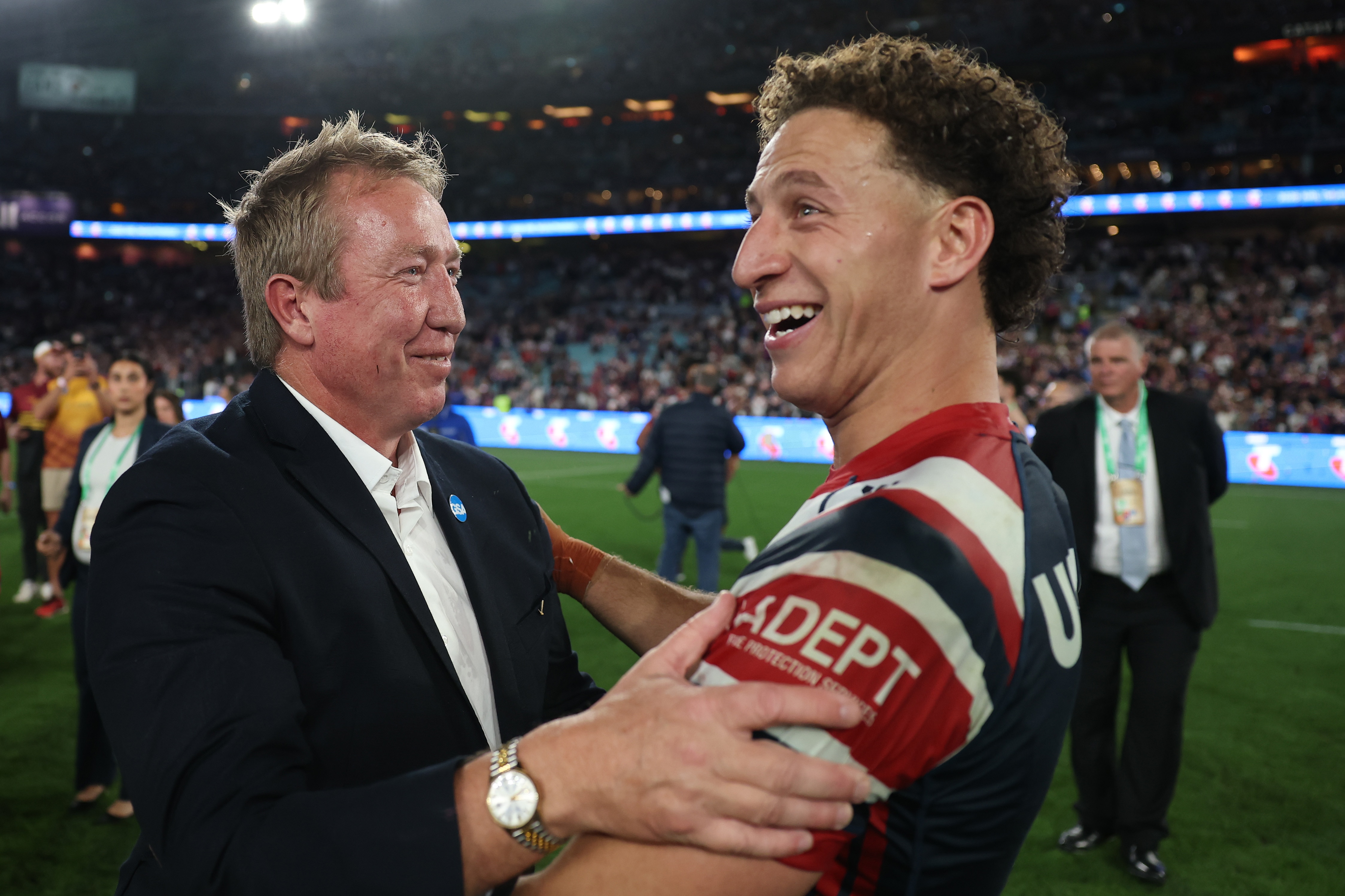 'Don't drop it': Star's nervous moment as Roosters celebrate in Bondi