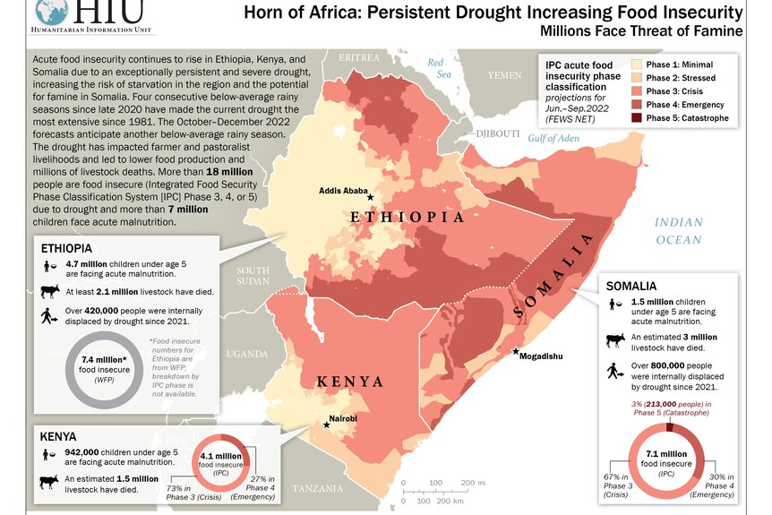 A map showing drought-affected parts of East Africa